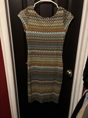 Cato Cap-Sleeve Midi Dress in Blue, Brown & Cream Wave Print